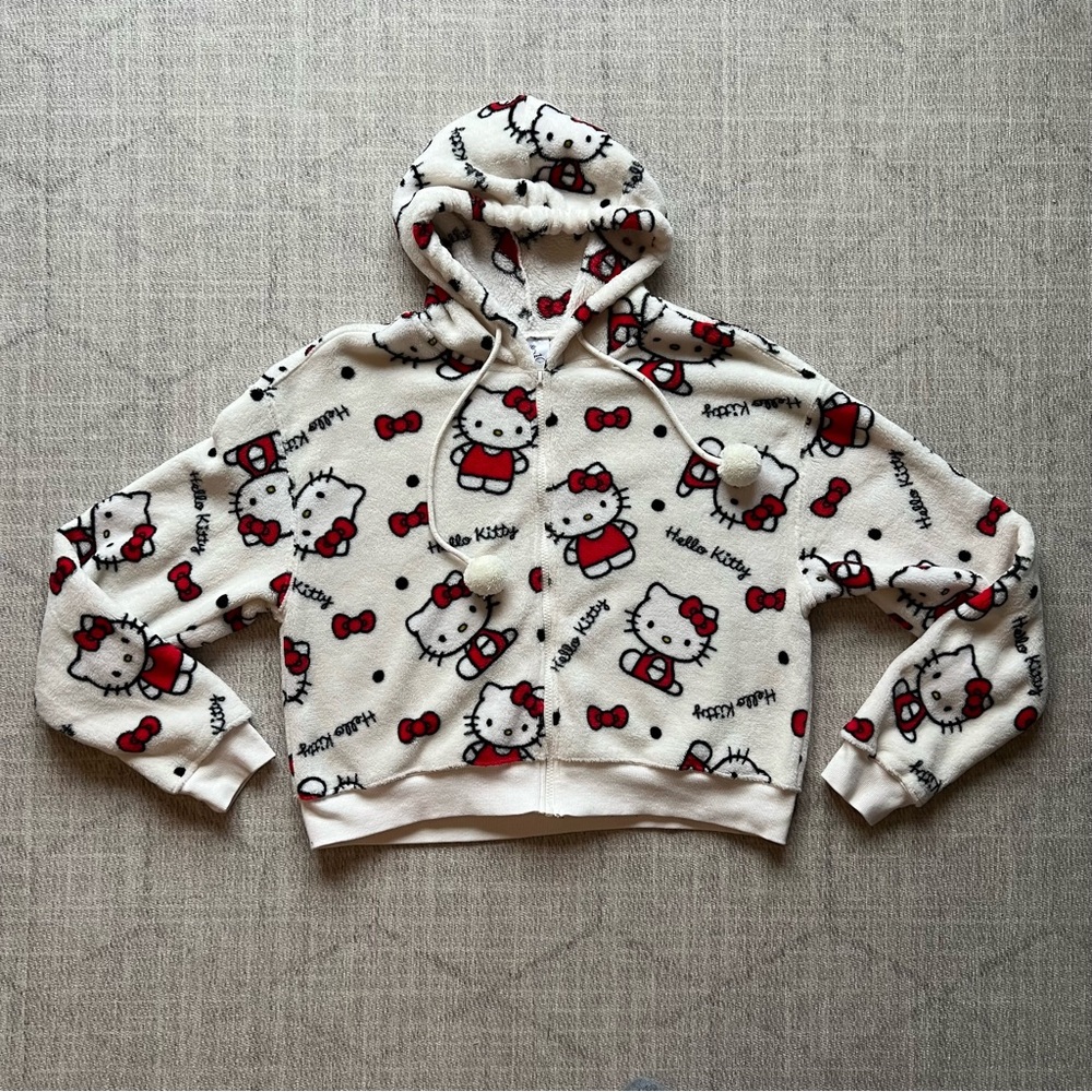 Sanrio Hello Kitty Women’s Red/White Pullover Crop Fleece Hoodie LARGE